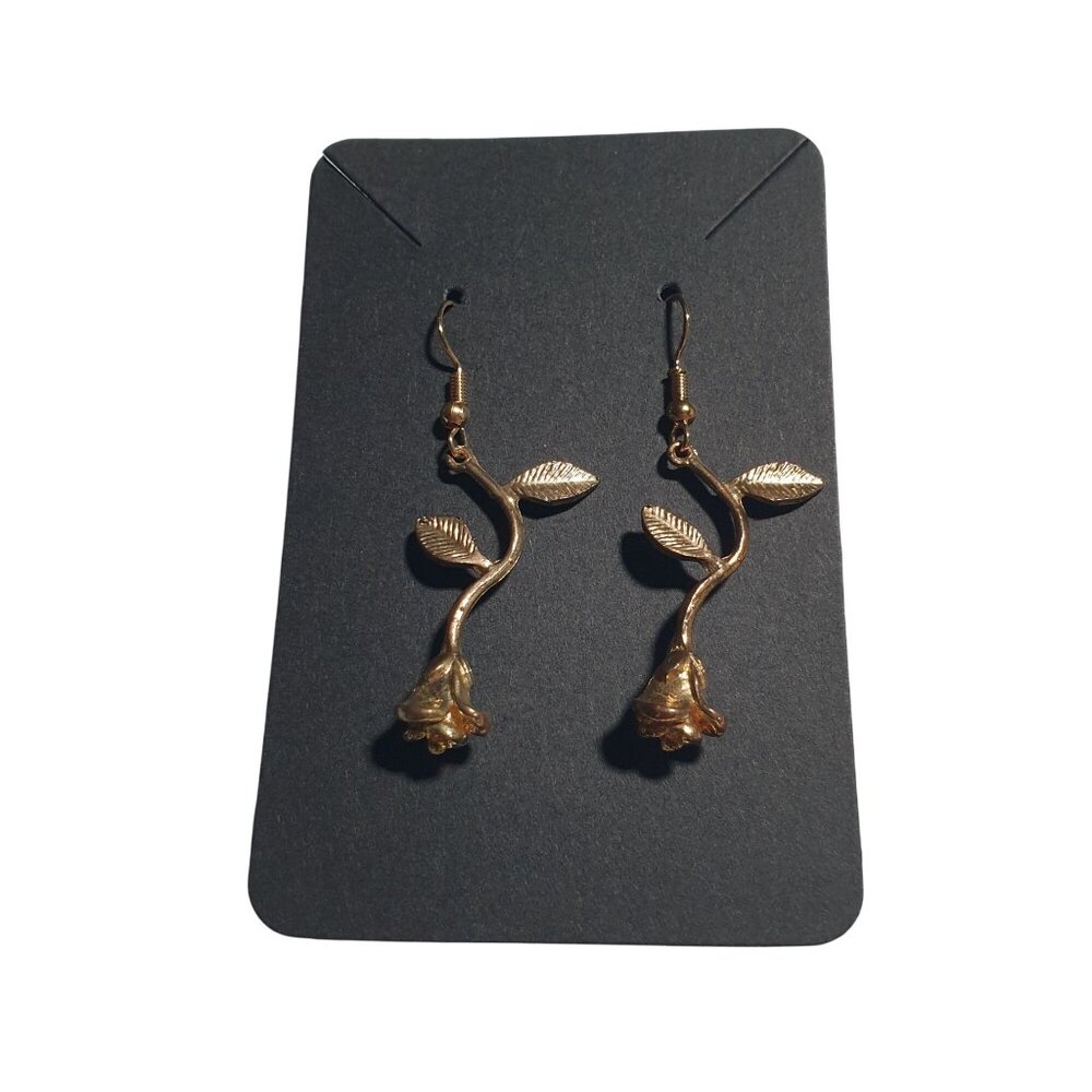 Gold Tone Rose Dangling Earrings Leaf Hook Backings Lightweight Jewelry Mom Gift